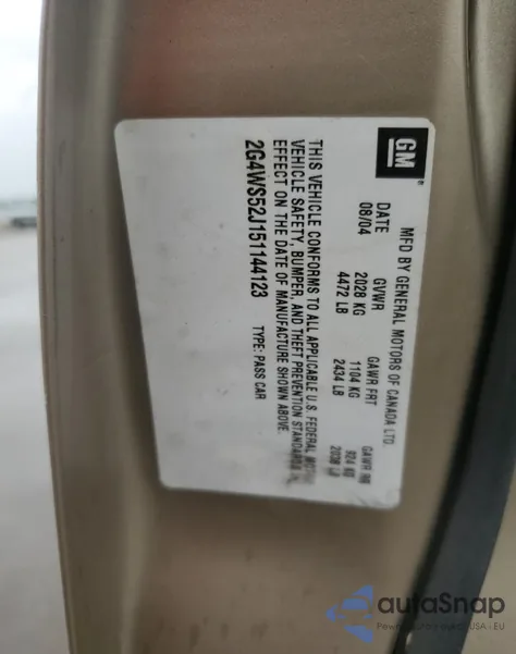 2005 Buick Century Custom from USA, damaged, VIN 2G4WS52J151144123